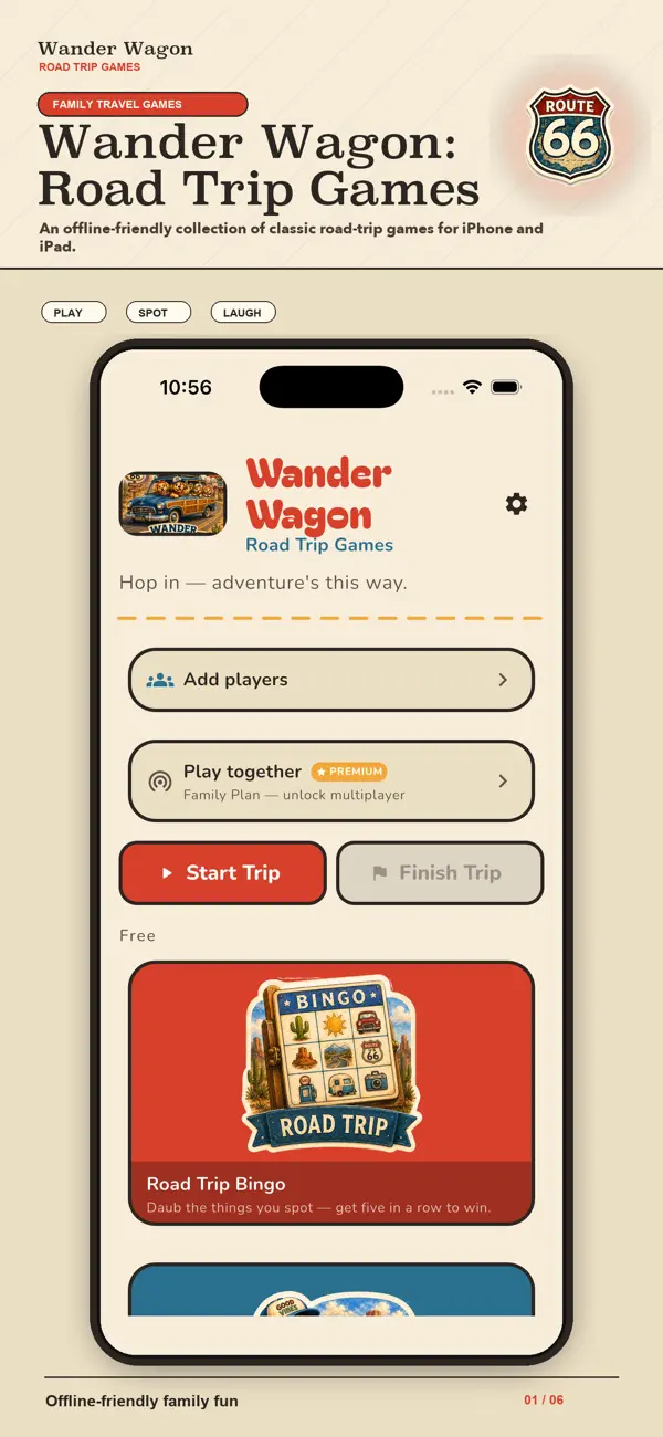 Wander Wagon App Store screenshot featuring family road trip games